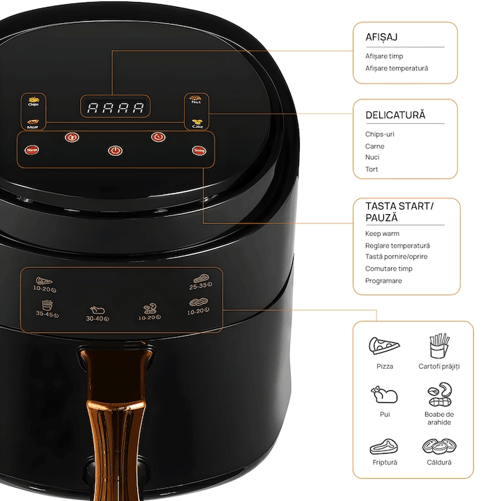 Friteuza cu aer cald, fara ulei, XL Air Fryer, 3000W, capacitate 10L, temperatura ajustabila 80-210°C, timer 60 min, pot detasabil, display digital, Negru - eSeller.ro - Inovăm pentru confortul tău