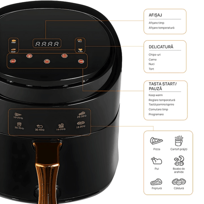 Friteuza cu aer cald, fara ulei, XL Air Fryer, 3000W, capacitate 10L, temperatura ajustabila 80-210°C, timer 60 min, pot detasabil, display digital, Negru - eSeller.ro - Inovăm pentru confortul tău