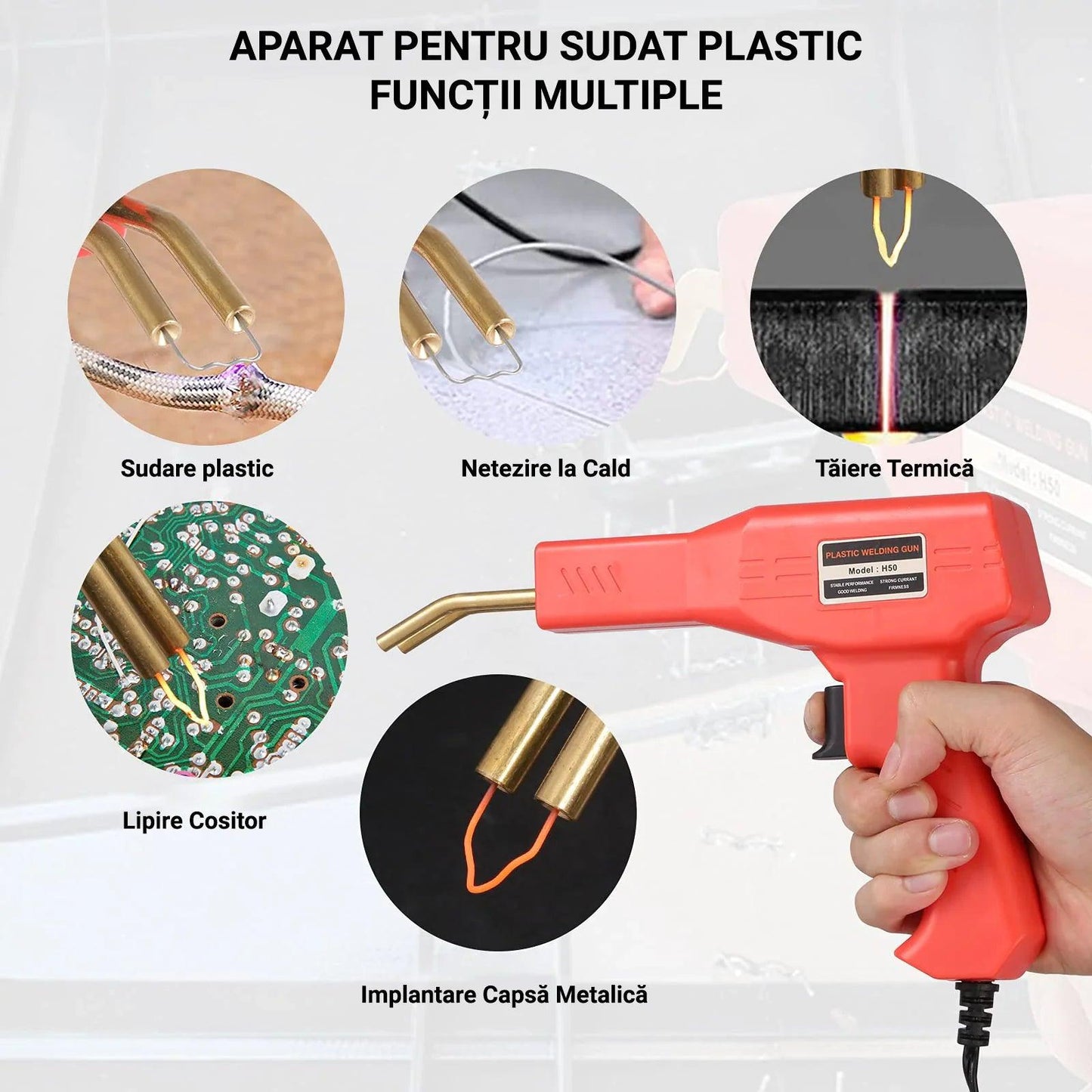 Trusa aparat sudat plastic, pistol profesional pentru lipit/sudat plastic, kit pentru repararea fisurilor din plastic, polipropilena, 200 capse de intarire, putere 50W - eSeller.ro - Inovăm pentru confortul tău