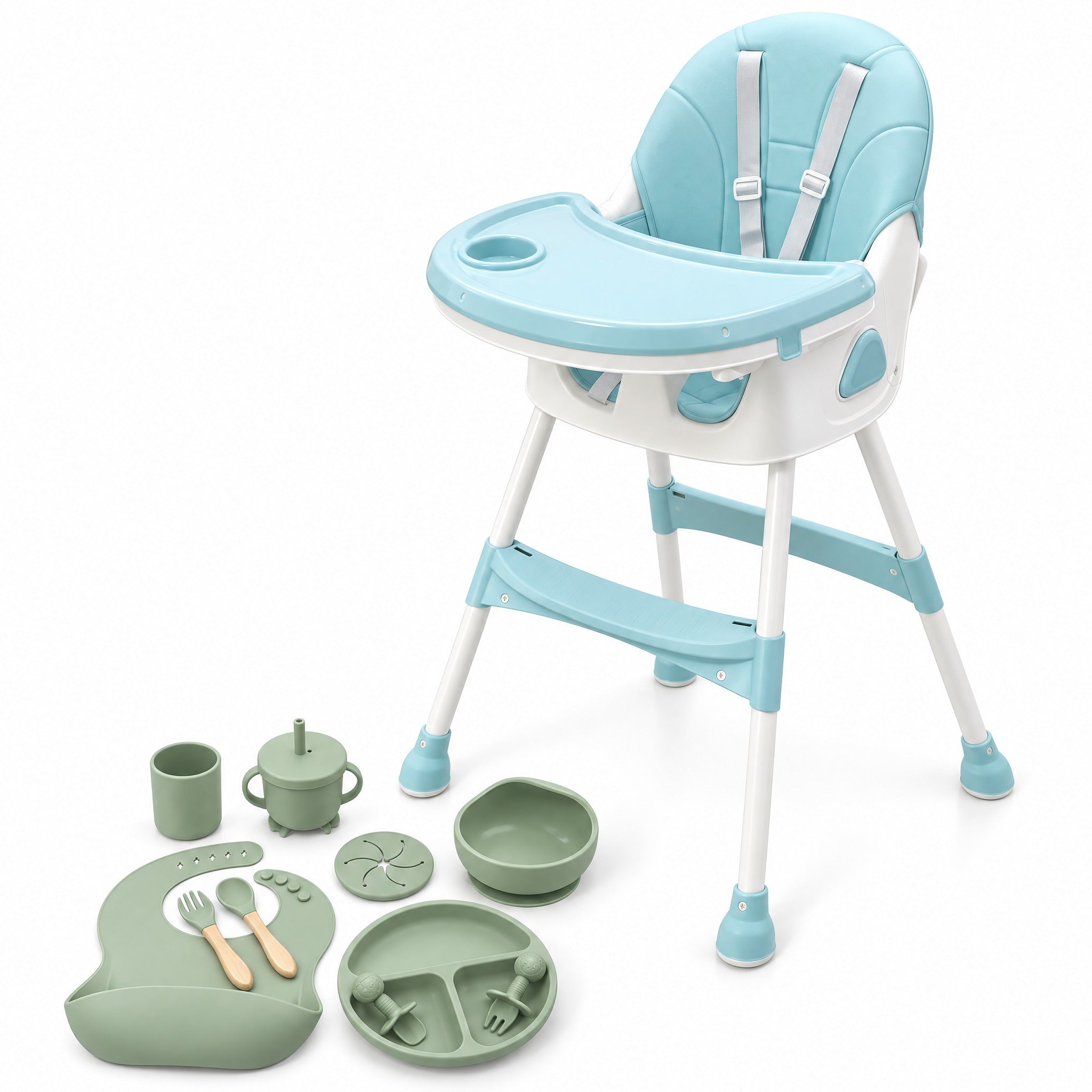 Scaun de Masă pentru Bebeluși DEMAHO Baby, 2 Înălțimi, Pliabil, Tăviță Detașabilă, Centură de Siguranță + CADOU Set Hrănire din Silicon 8 Piese