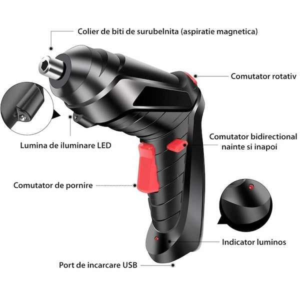 Surubelnita Electrica DEMAHO, fara Fir - 6 Nm Cuplu, Li-Ion 1800mAh, Maner Ajustabil, Set Complet de Accesorii