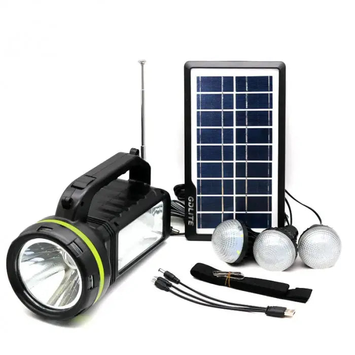 Kit Solar Portabil GDLite GD-2000A, Panou solar, USB, Bluetooth, Radio FM, MP3, Lanterna LED, 3 Becuri Incluse, Incarcare telefonica, Alimentare 220V