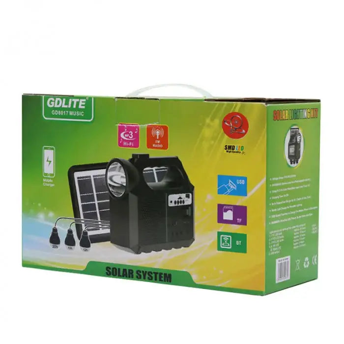 Kit Solar Portabil GDLite GD-8017M, Panou solar, USB, Bluetooth, Radio FM, MP3, Lanterna LED, 3 Becuri Incluse, Incarcare telefonica