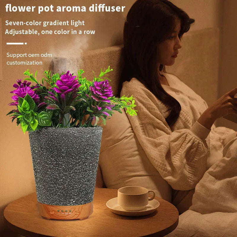 Umidificator/Difuzor aromatizator in forma de ghiveci cu flori, 7 culori programabil, oprire automata