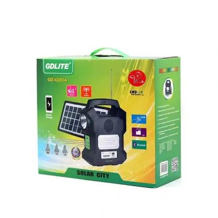 Kit Solar Portabil GDLITE GD-1000A, Panou Solar, USB, Bluetooth, Radio FM, MP3, Lanterna LED, 4 Becuri Incluse, Alimentare 220V - eSeller.ro - Inovăm pentru confortul tău